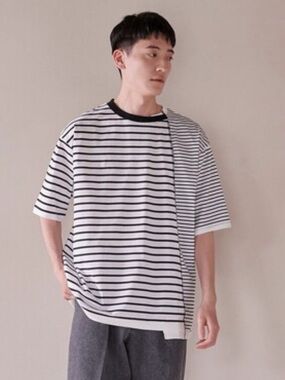 PUBLIC TOKYO 2 Irregular Border Tee striped cotton made in Japan stitch detail